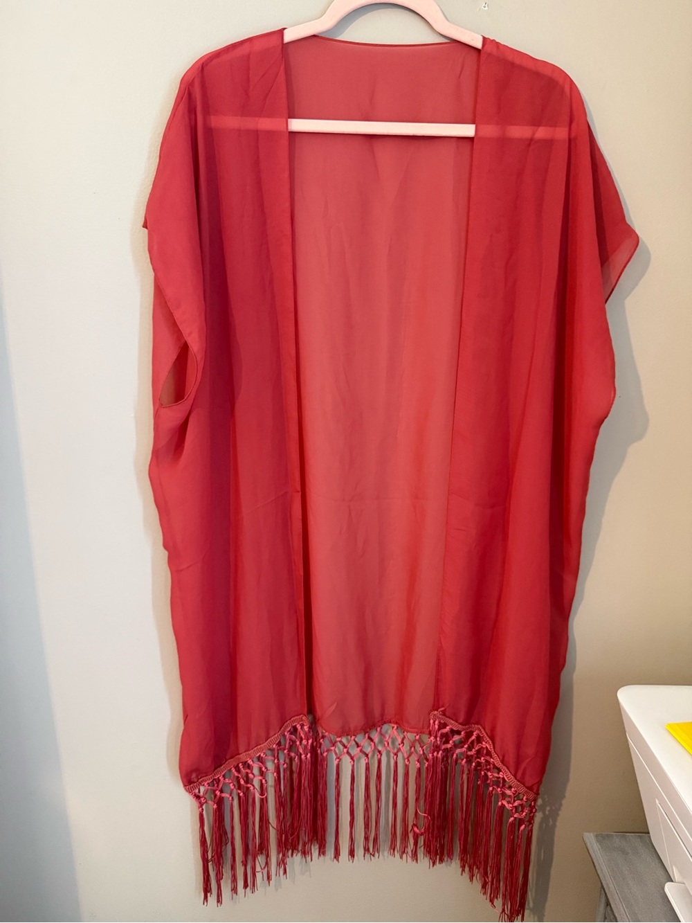 Sheer Red Fringe Chiffon Kimono Cover-Up